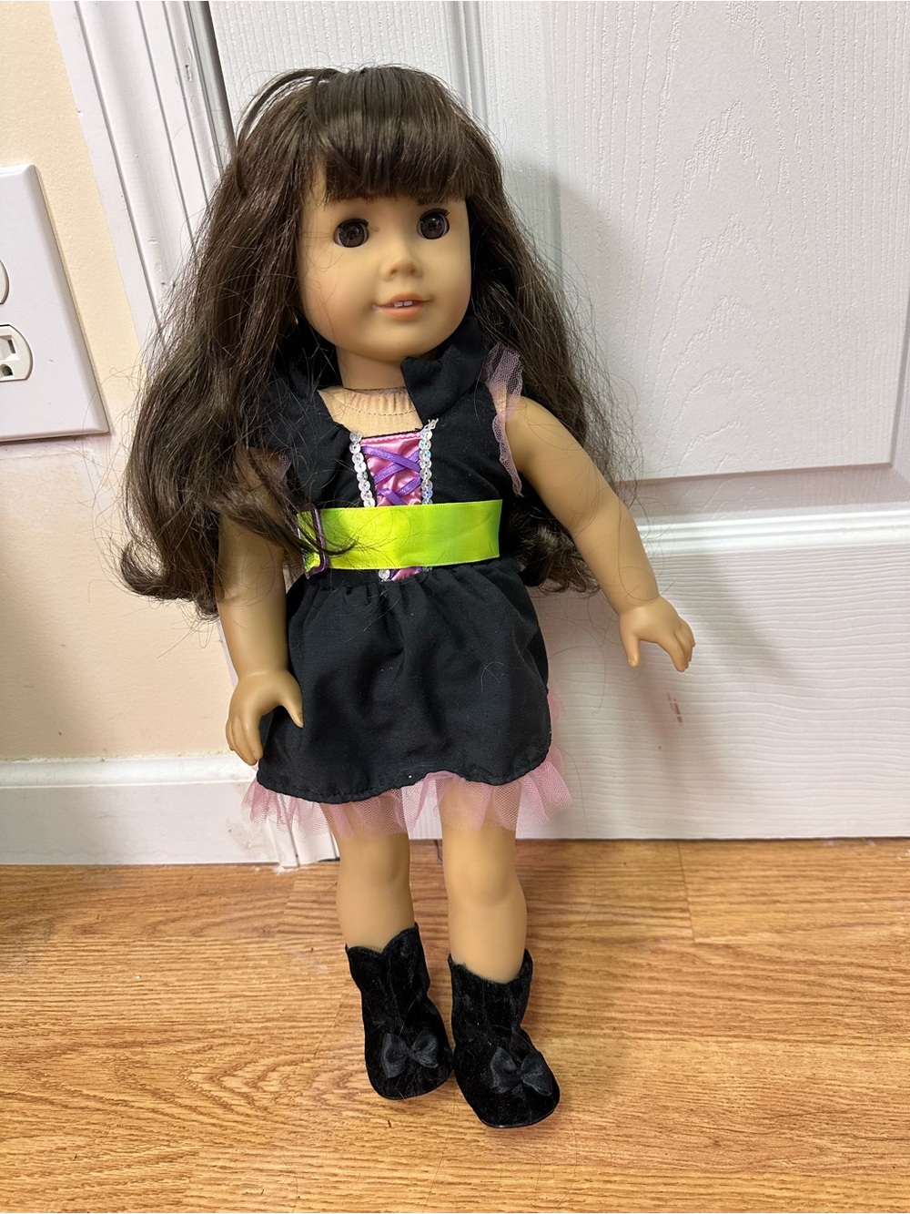 American Girl Doll in Black Dress with Pink Tulle and Lime Sash